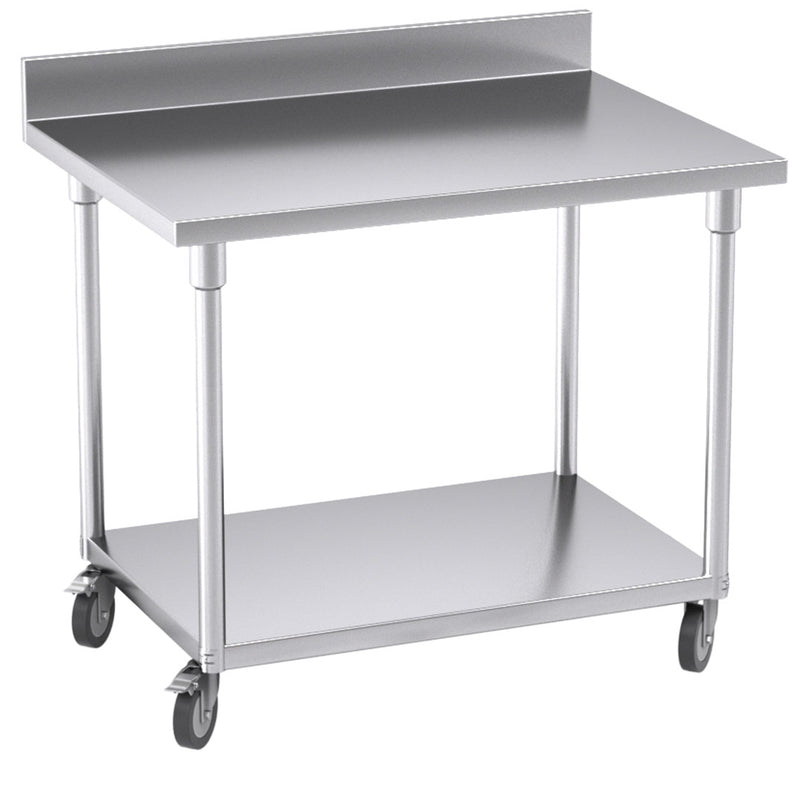 Stainless Steel Catering Prep Table 100cm With Backsplash Caster Wheels