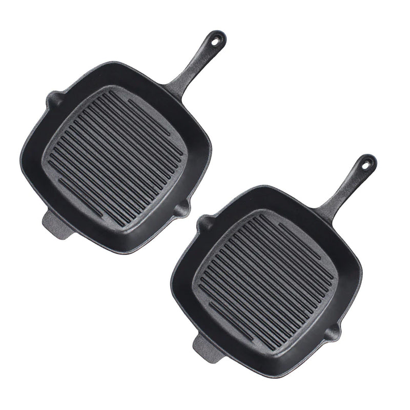 2X Square Cast Iron Frying Pan Skillet 26cm Ribbed Sizzle Platter Handle