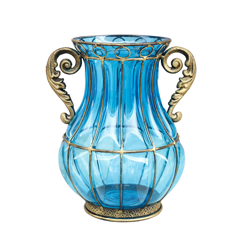 Blue Glass Flower Vase Two Metal Handles Gold Accents 10cm x 14cm x 26cm