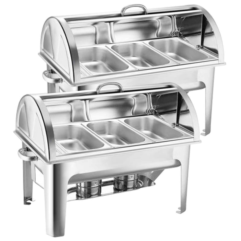 2X 3L Triple Tray Stainless Steel Roll Top Chafing Dish Mirror Finish