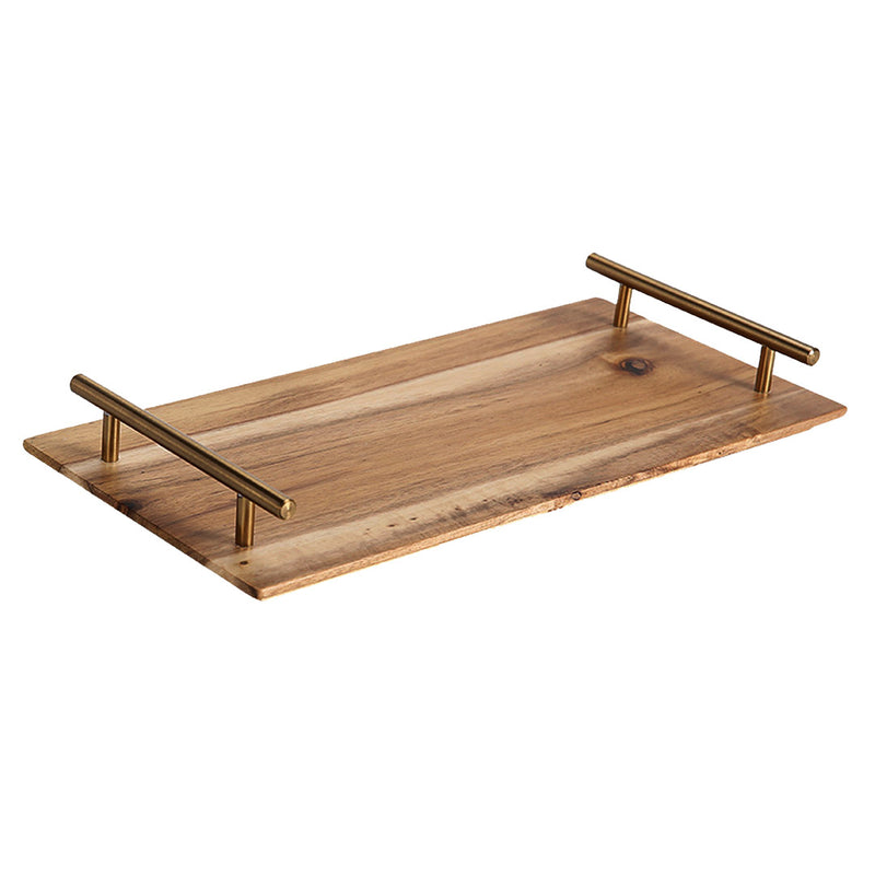36cm Brown Acacia Wood Rectangle Serving Tray With Iron Handles