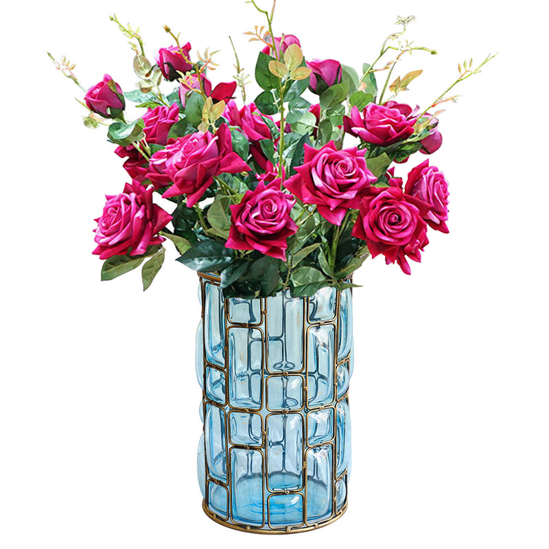 Blue Glass Cylinder Vase with 8 Bunch Fake Silk Rose Flowers for Home Decor