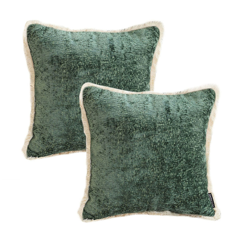 2X Throw Pillow Velvet Square 45cm Chenille Tassel Jade Green