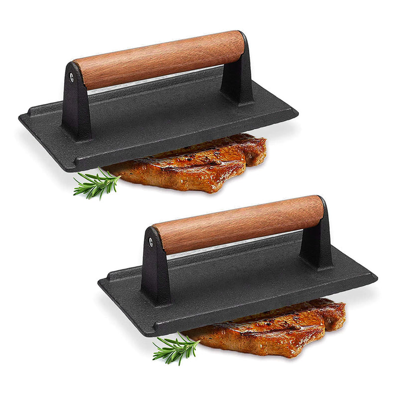 2X Cast Iron Meat Press 20cm X 10cm Enamel Non Stick Wood Handle