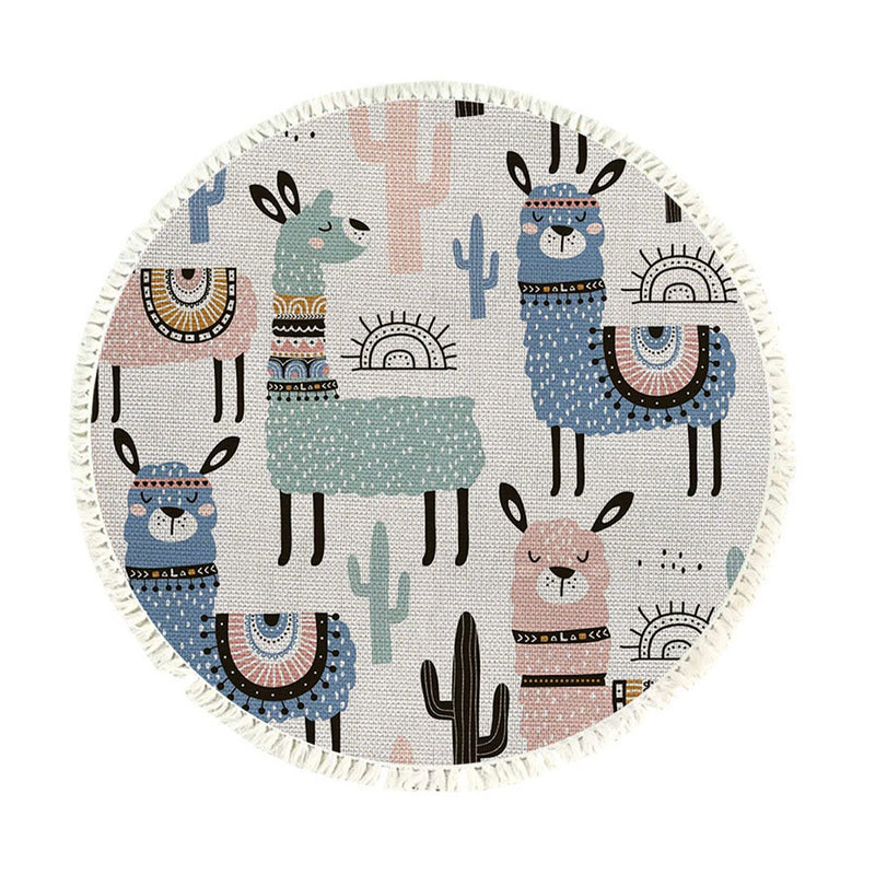 120cm Round Polyester Rug Alpaca Cactus Pattern Multicolor Non Slip Backing