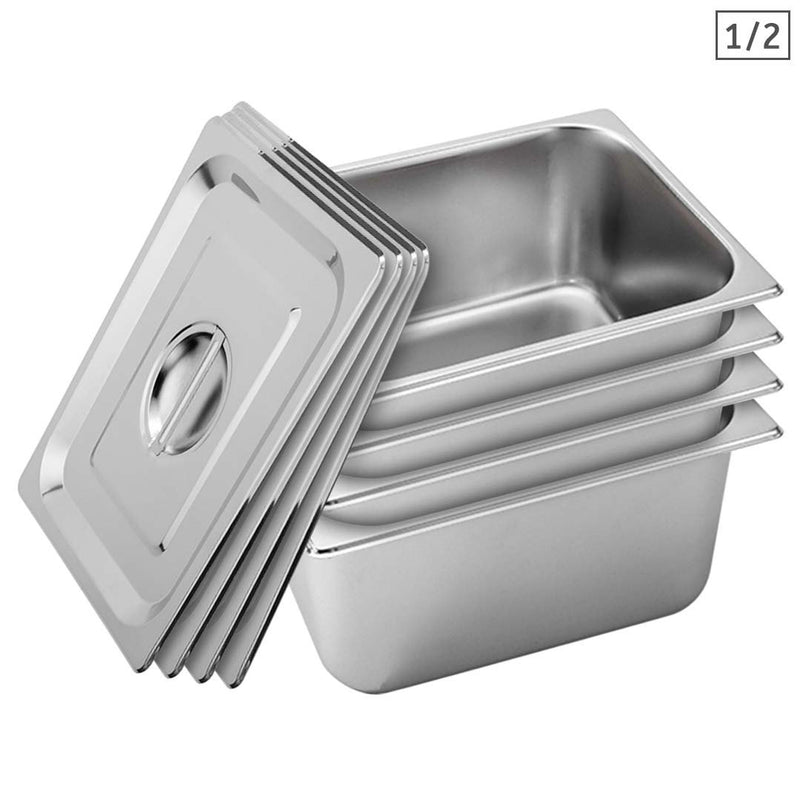 4X 1/2 Gastronorm Pan Stainless Steel 27x33x20cm Deep Stackable With Lids