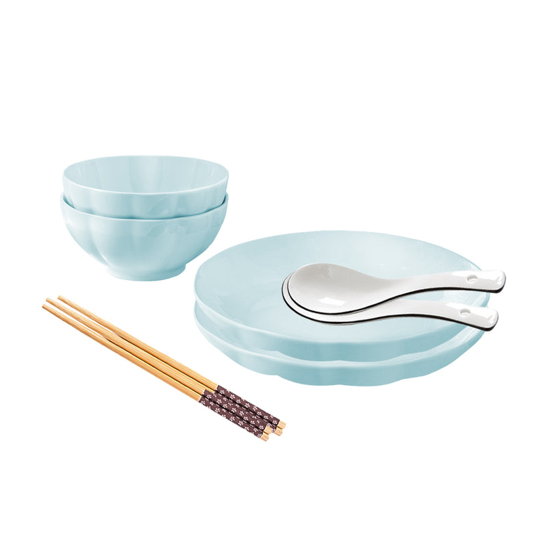 Light Blue Ceramic Dinnerware Set of 4 Soup Bowl Plate Server Kitchen Decor
