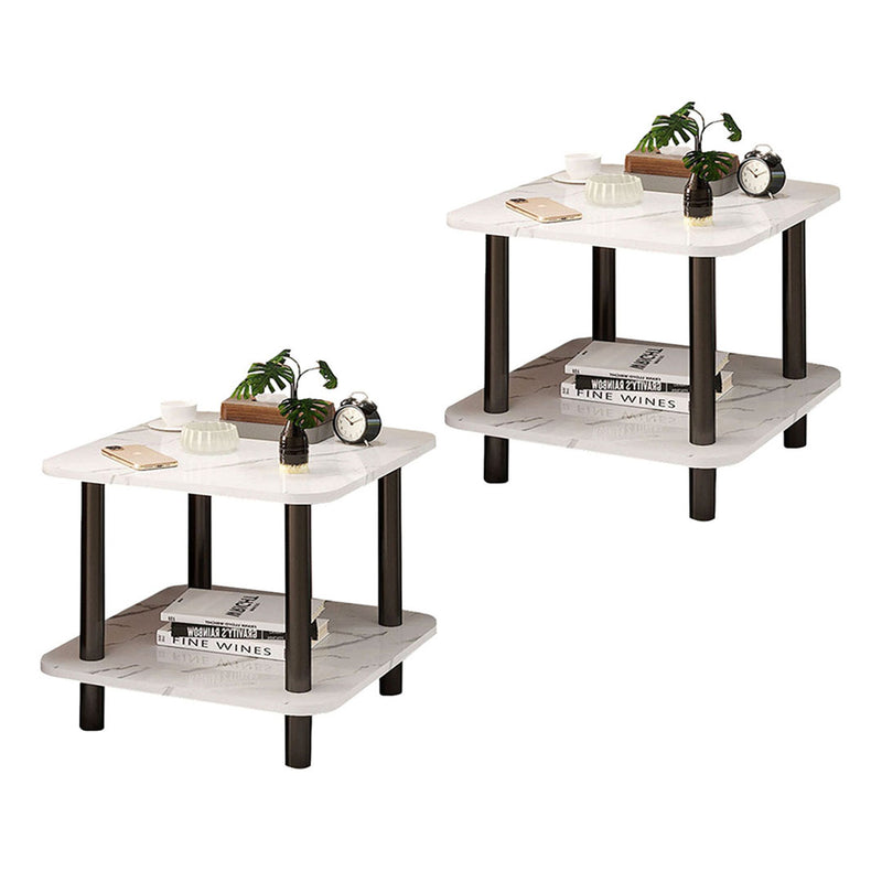 2X White Ceramic Side Table 70x70x53cm Stone Pattern Black Metal Legs