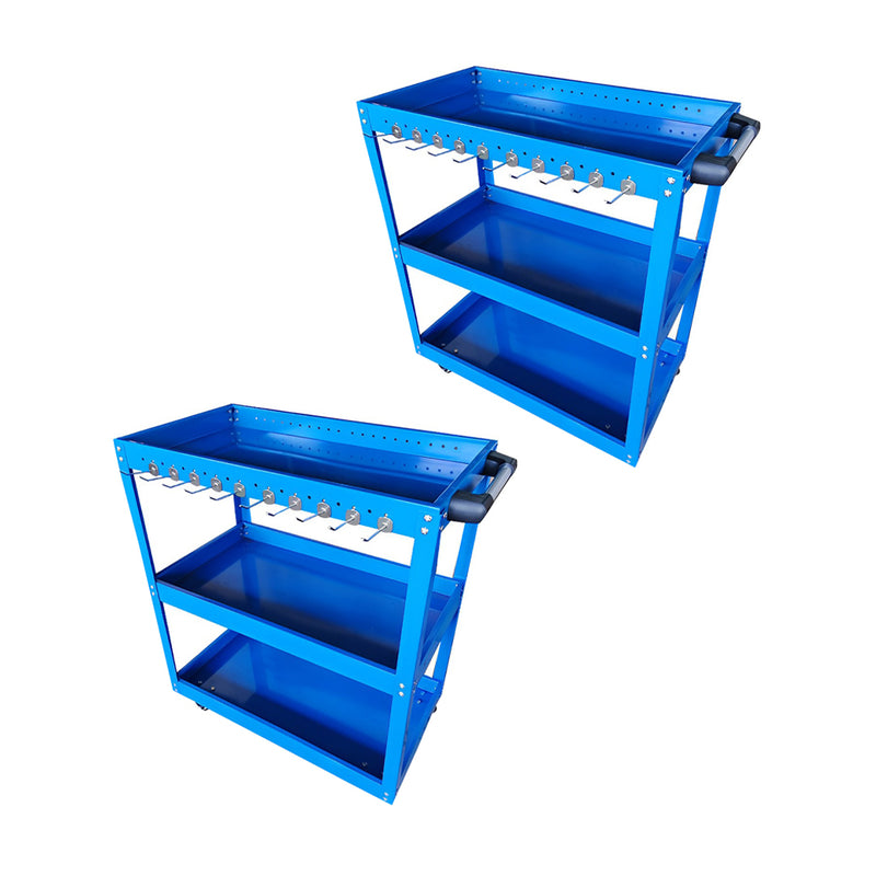 2X 3 Tier Tool Cart Cold Rolled Steel 66x36x73cm 40kg Per Tier Blue Hooks