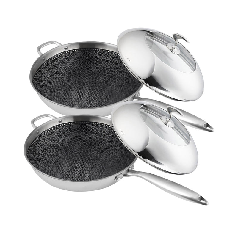 2X 18/10 Stainless Steel 32cm Nonstick Fry Pan Helper Handle Lid Induction Safe