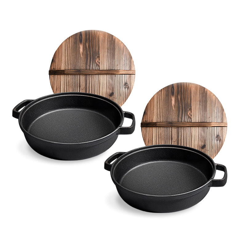 2X 35cm Cast Iron Deep Frying Pan Skillet With Wooden Lid Black Non-Stick