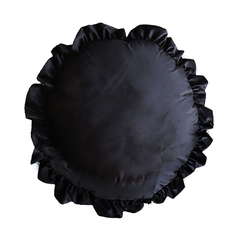 Round Velvet Throw Pillow 45cm 15cm Thick Plush Lotus Leaf Edge Black