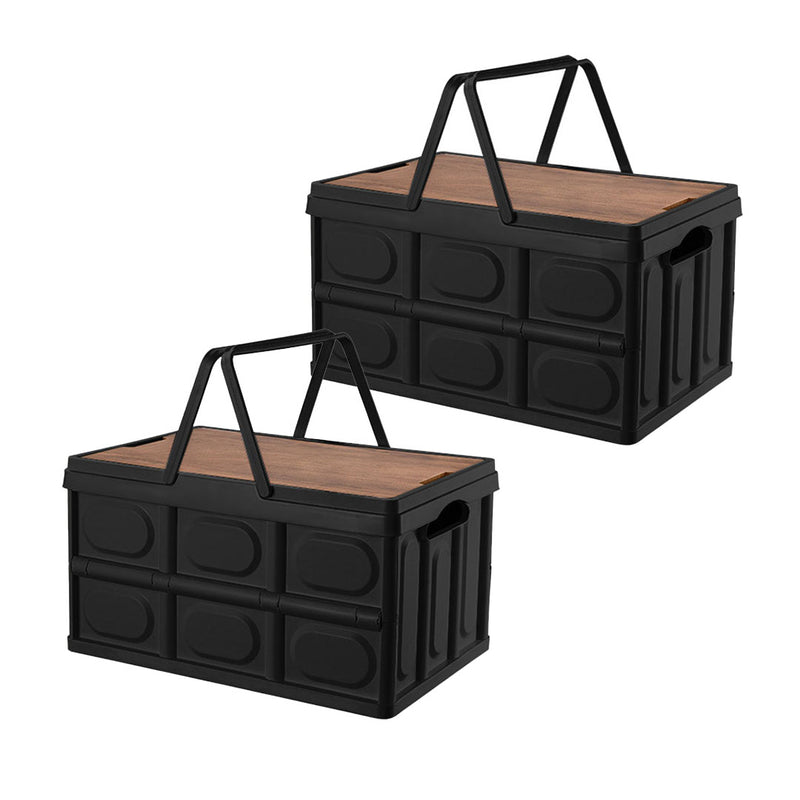 2X 55L Foldable Plastic Storage Box With Handle Stackable Black 52.5cm