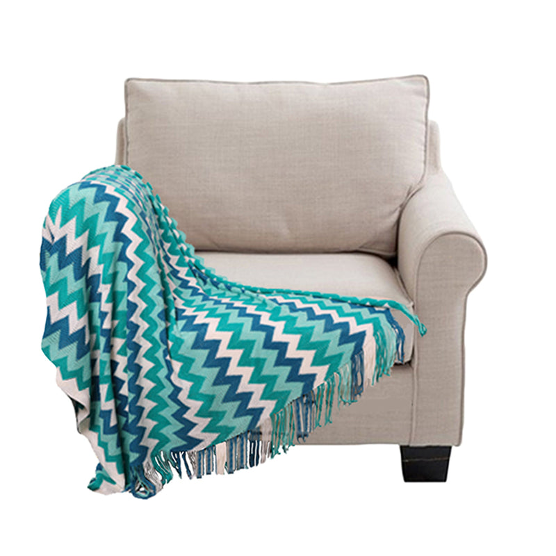 220cm Blue Zigzag Striped Acrylic Throw Blanket Knitted Fringed Woven Cover