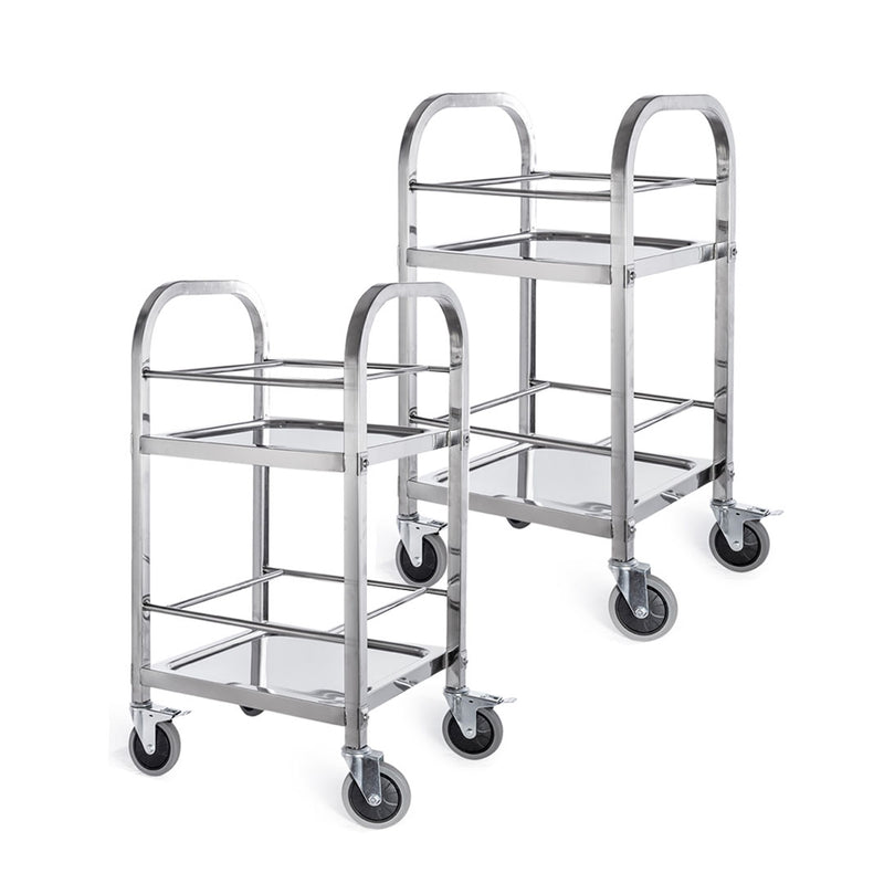 2X 2 Tier Stainless Steel Utility Cart 500x500x950 Square Tube Locking Wheels