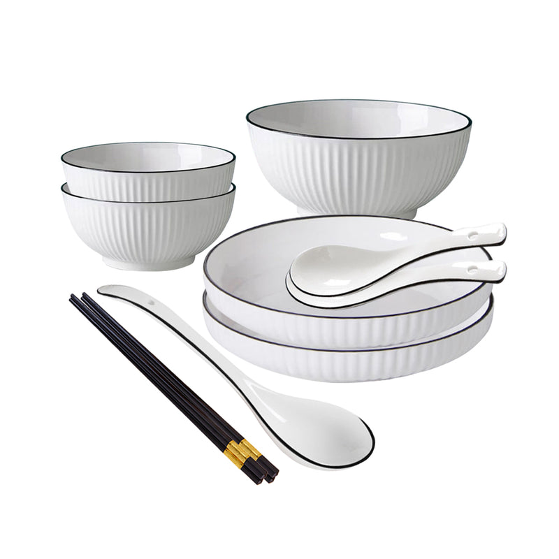 Japanese Style White Ceramic Dinnerware Set of 5 4.5in Bowl 7in Plate 8in Soup