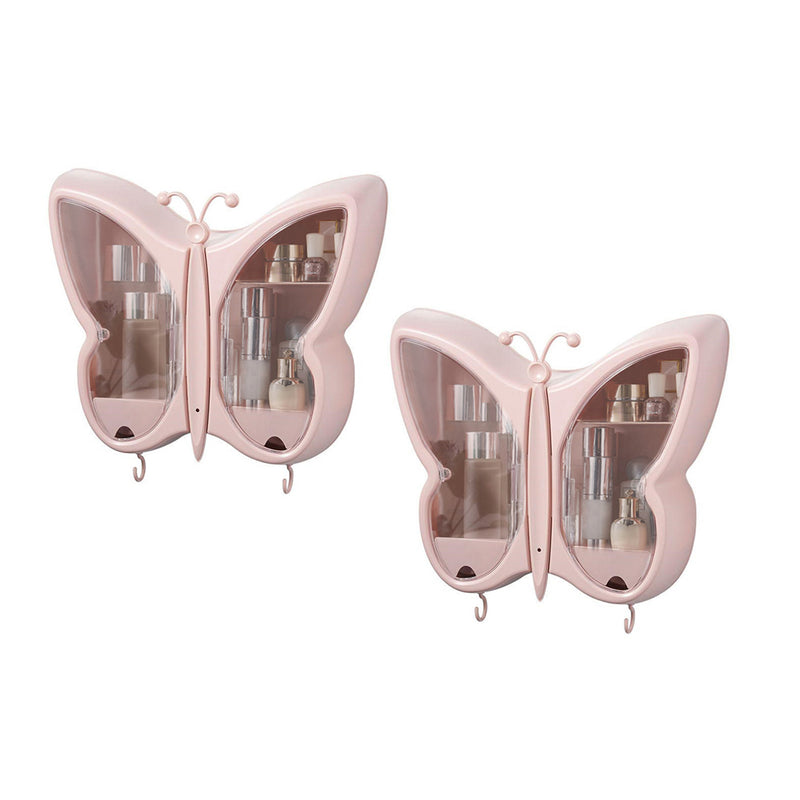 2X Pink Butterfly Shape Wall-Mounted Makeup Organizer Waterproof Dustproof