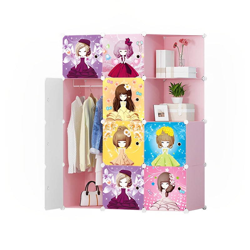 10 Cubes Portable Wardrobe Plastic Foldable 110.5x37x146cm Pink Princess Design