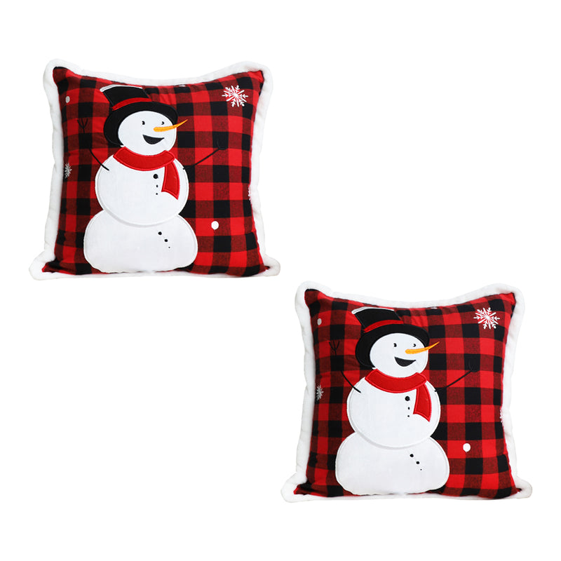 2X 45Cm Square Plush Throw Pillows Red Embroidered Snowman Holiday Cushion