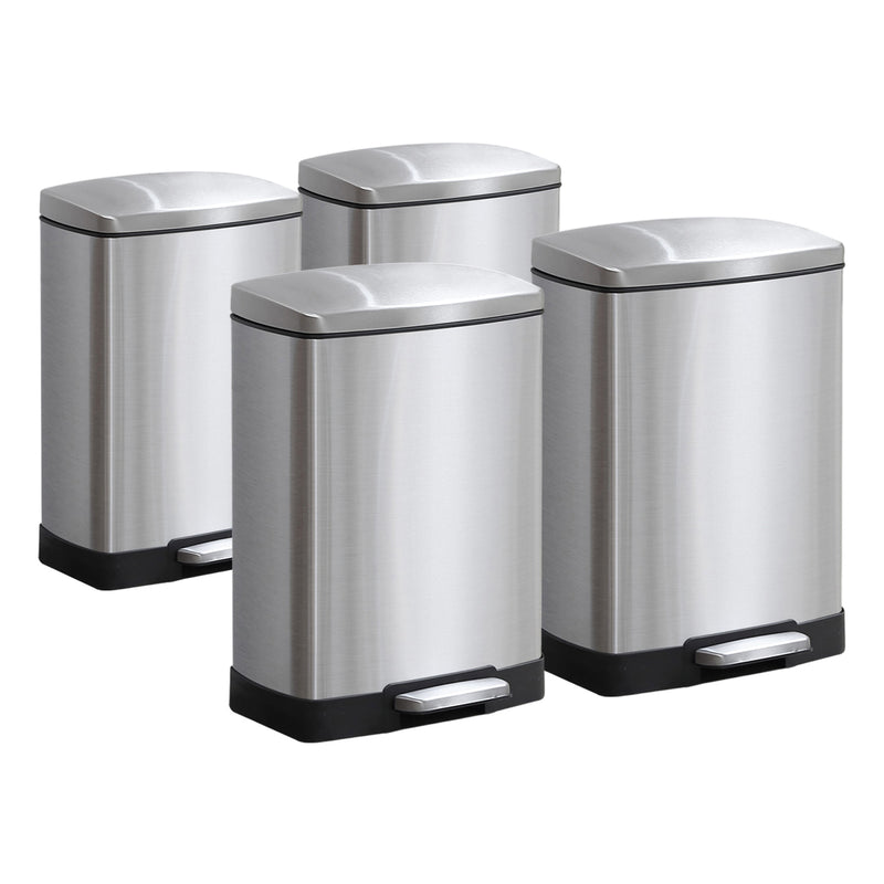 4X 12L Stainless Steel Rectangular Pedal Bin Soft Close Lid Silver