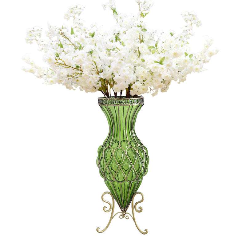 67cm Green Glass Floor Vase Gold Metal Accent With 10pcs White Silk Flowers