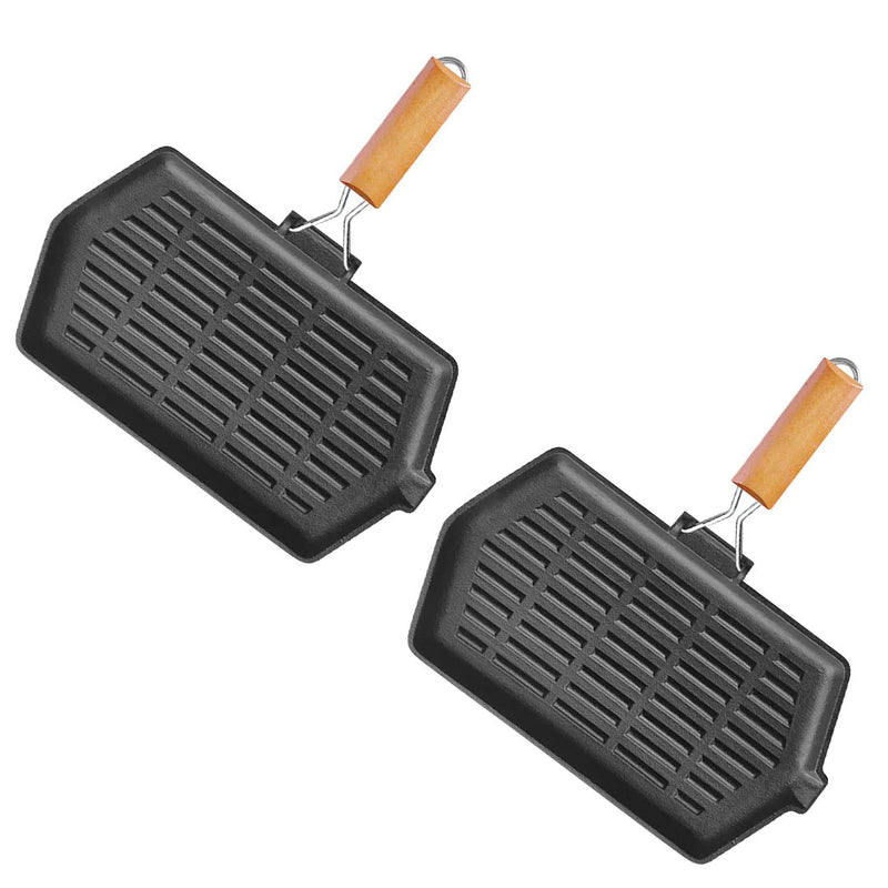 2X Rectangular Cast Iron Grill Pan 21x35cm Nonstick Foldable Wood Handle Black