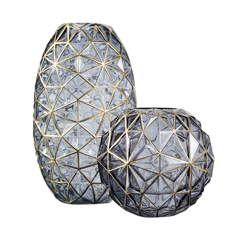 Glass Flower Vase Set Large And Medium 34cm Grey Diamond Cut With Gold Accent