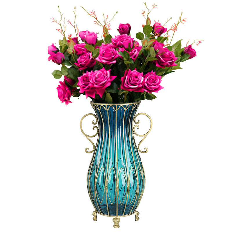 51cm Blue Glass Floor Vase Gold Metal Base With 12pcs Dark Pink Artificial Roses