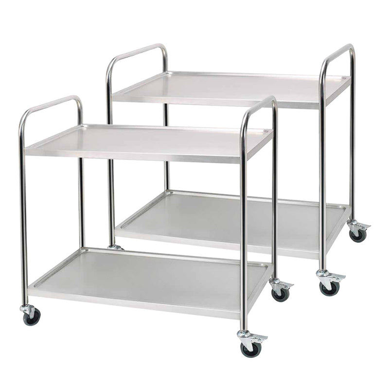 2X Stainless Steel Kitchen Utility Trolley 2 Tier Large with Locking Wheels