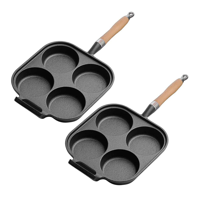 2X Cast Iron 4 Mold Omelette Fry Pan Non-Stick Wood Handle Cooking Tool