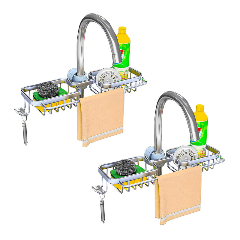 2X Faucet Sink Organizer Aluminum Soap Sponge Drainer 37.5x16x6.8cm Silver