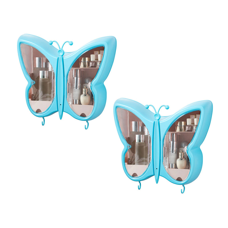2X Butterfly Wall Mounted Makeup Organizer 42x11x36cm Plastic Blue Dustproof