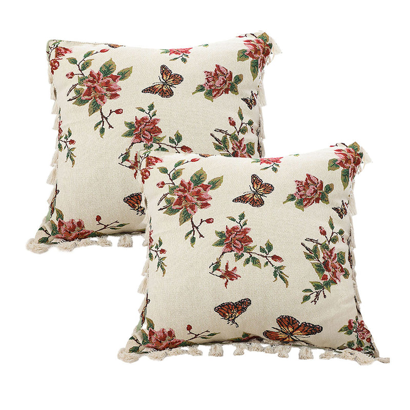 2X 45CM Creamy White Velvet Butterfly Flower Tassel Throw Pillow Cushion