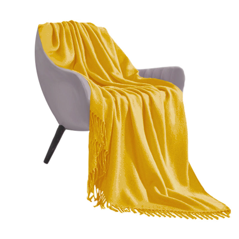 Yellow Acrylic Knitted Throw Blanket 130cmx220cm Fringed Cozy Decor