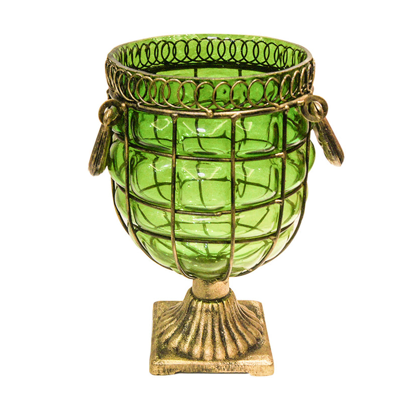 Green Glass Jar Flower Vase Solid Base Metal Handle 10x16x26cm Home Decor
