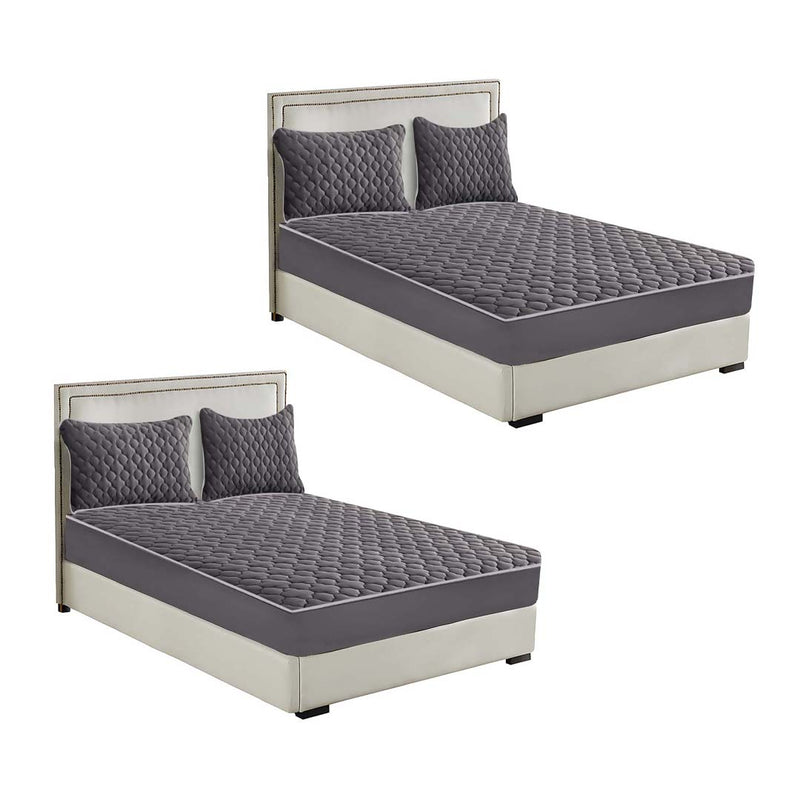 2X Grey 138cm Mattress Cover Quilted Fleece Stretch Protector Pillow Covers