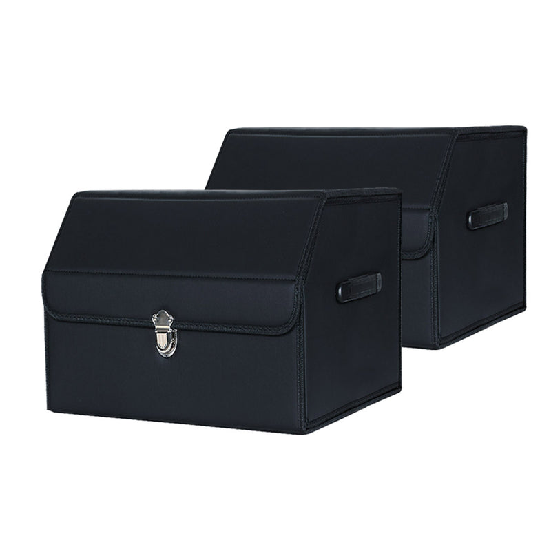 2X Leather Collapsible Foldable Car Boot Organizer Box With Lock Black Small
