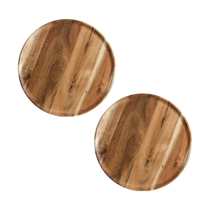 2X 25cm Round Acacia Wood Serving Tray Removable Slate Center Brown