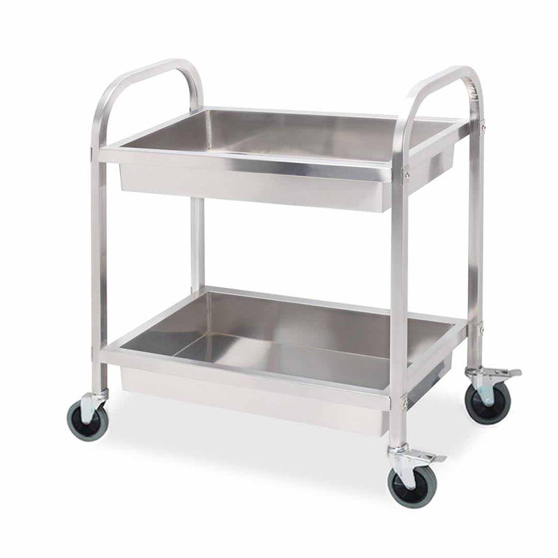 2 Tier Stainless Steel Food Cart 85x45x90cm Leak Proof Tray Locking Wheels