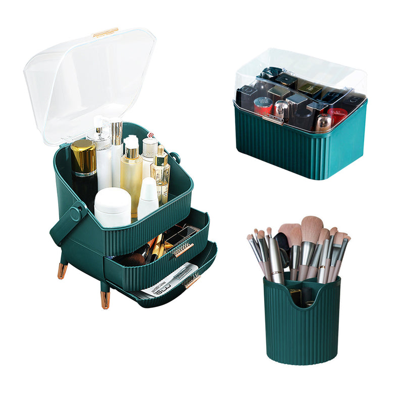 Green Plastic Makeup Organizer 25x18.5x37cm Lid Brush Lipstick Jewelry Holder