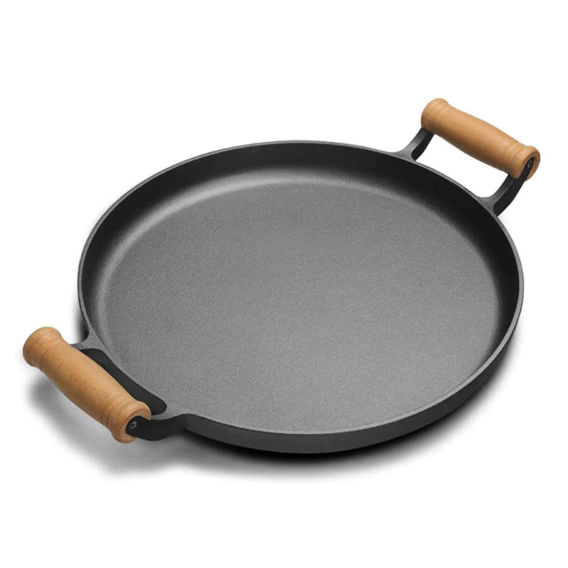 31cm Cast Iron Sizzle Pan Round Ribbed Skillet With Wooden Handle Non-Stick