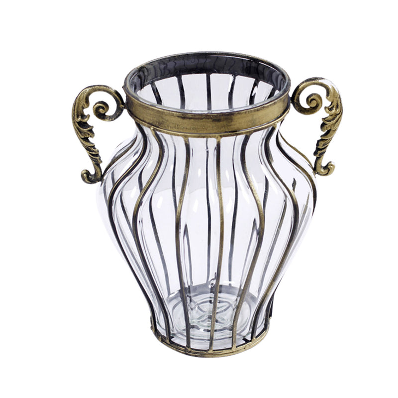 Clear European Glass Flower Vase with Gold Metal Handles 25cm x 33cm Decor