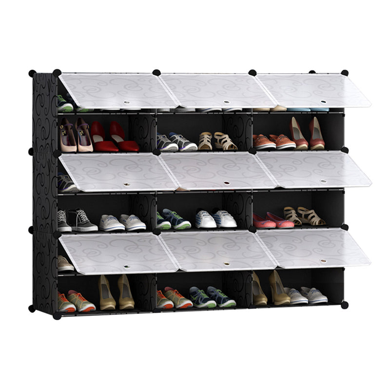 6 Tier 3 Column Shoe Rack Organizer Stackable Black Plastic With Cover
