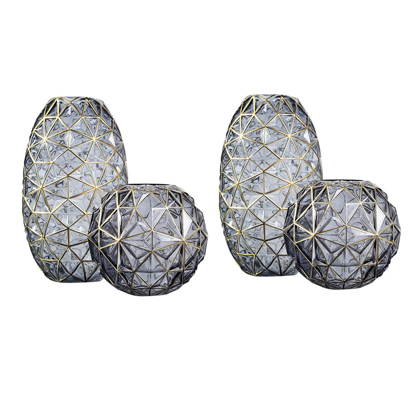 2X Grey Glass Flower Vases Set Large 20cm Medium 17.5cm Gold Accent