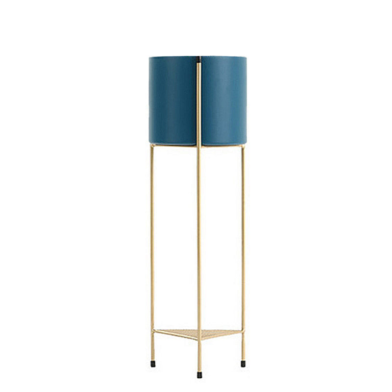 2 Layer 65cm Gold Metal Plant Stand With Blue Enamel Pot Corner Indoor