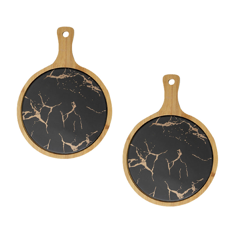 2X 30cm Black Round Wooden Serving Tray Removable Slate Insert