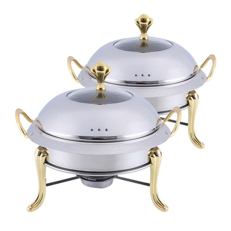 2X Stainless Steel Round Buffet Chafing Dish 34cm Glass Lid Silver Gold Accents