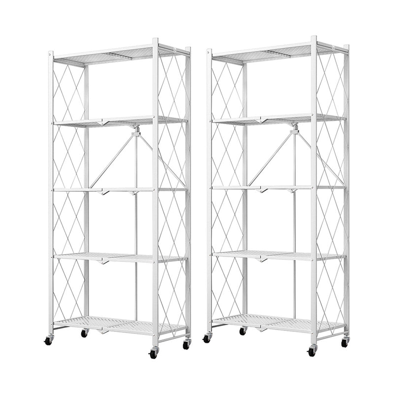2X 5 Tier Carbon Steel Foldable Kitchen Cart White With Wheels 20Kg Per Shelf