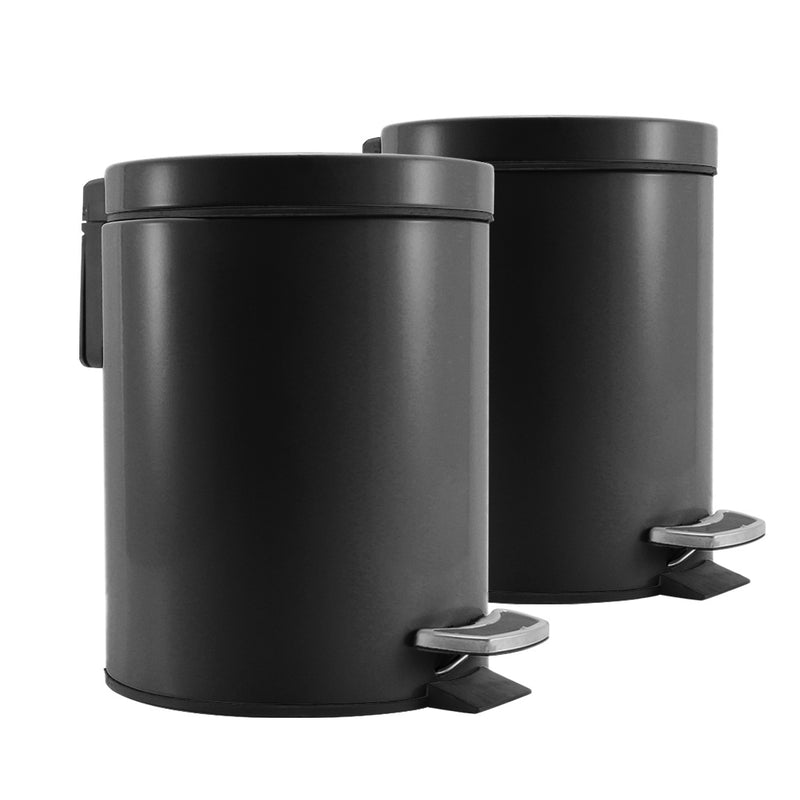 2X 12L Stainless Steel Pedal Bin Round Soft-Close Rubbish Trash Black