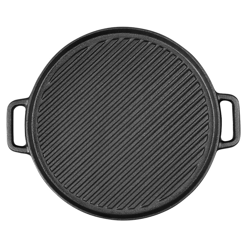Round Cast Iron Ribbed BBQ Pan Skillet 30cm Pre-Seasoned Non-Stick Black